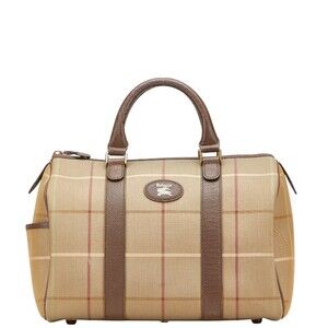 Burberry Check Handbag Boston Bag Khaki Green Brown Canvas Leather